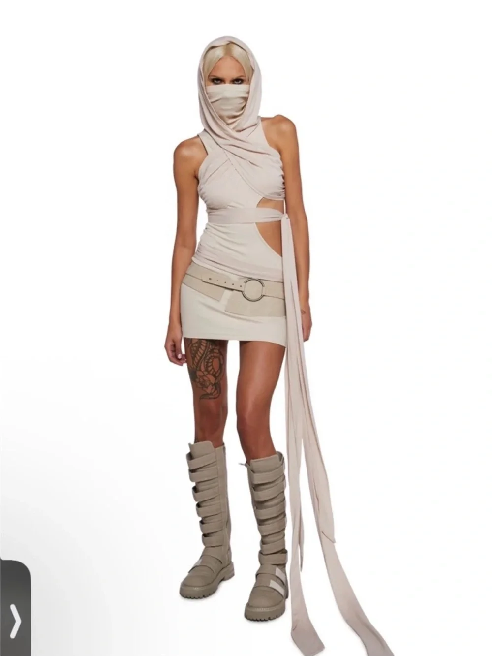 Dolls Kill Darker Wavs Festival Beige Cutout Dress with Cowl Neck